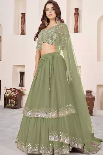 olive green a line lehenga choli with silver embroidery