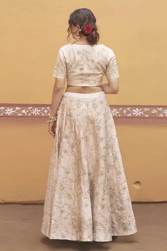 white silk gold embroidered wedding a-line lehenga