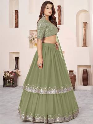 olive green a line lehenga choli with silver embroidery 3