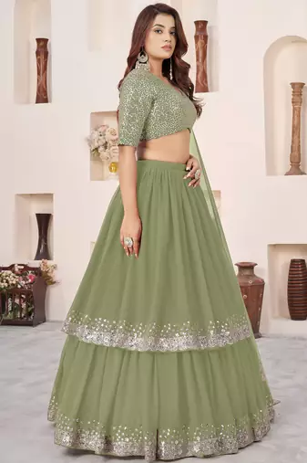 olive green a line lehenga choli with silver embroidery