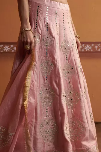 pink silk mirror & gold embroidered wedding lehenga