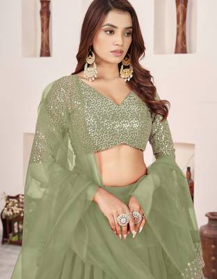 olive green a line lehenga choli with silver embroidery 4