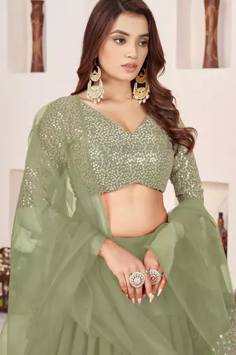 olive green a line lehenga choli with silver embroidery