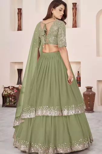 olive green a line lehenga choli with silver embroidery