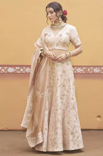 white silk gold embroidered wedding a-line lehenga