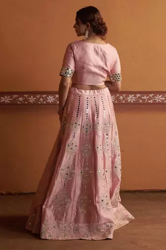 pink silk mirror & gold embroidered wedding lehenga
