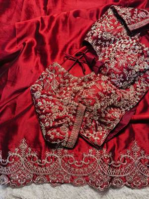 red silk blend saree with gold thread embroidery 1