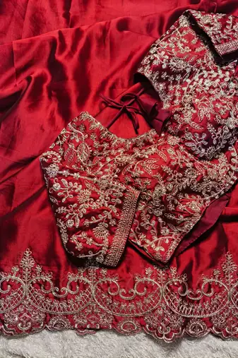 red silk blend saree with gold thread embroidery