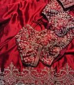 red silk blend saree with gold thread embroidery