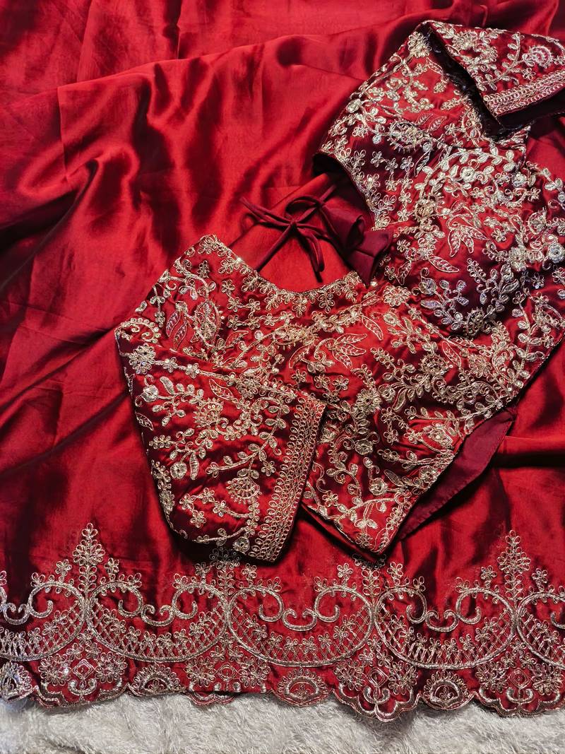 red silk blend saree with gold thread embroidery