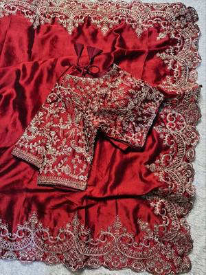 red silk blend saree with gold thread embroidery 2
