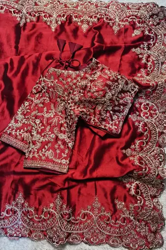 red silk blend saree with gold thread embroidery
