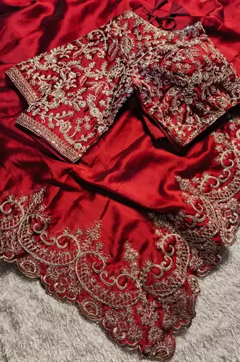 red silk blend saree with gold thread embroidery