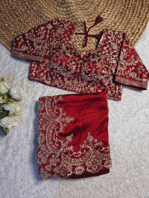 red silk blend saree with gold thread embroidery 5