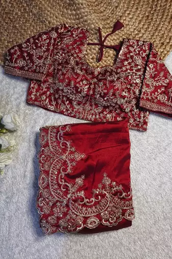 red silk blend saree with gold thread embroidery