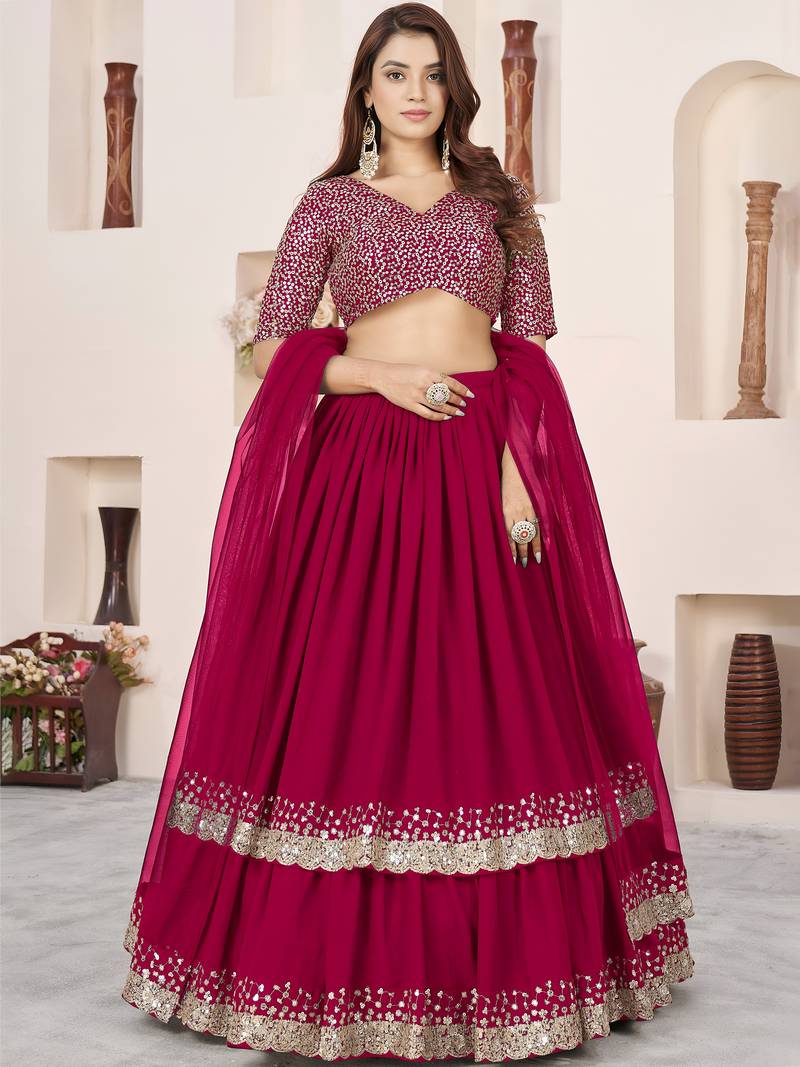 Beautiful Pink Sequins Georgette Wedding Wear Lehenga Choli Set