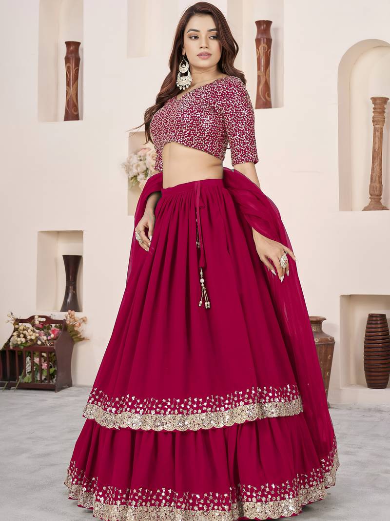 Beautiful Pink Sequins Georgette Wedding Wear Lehenga Choli Set