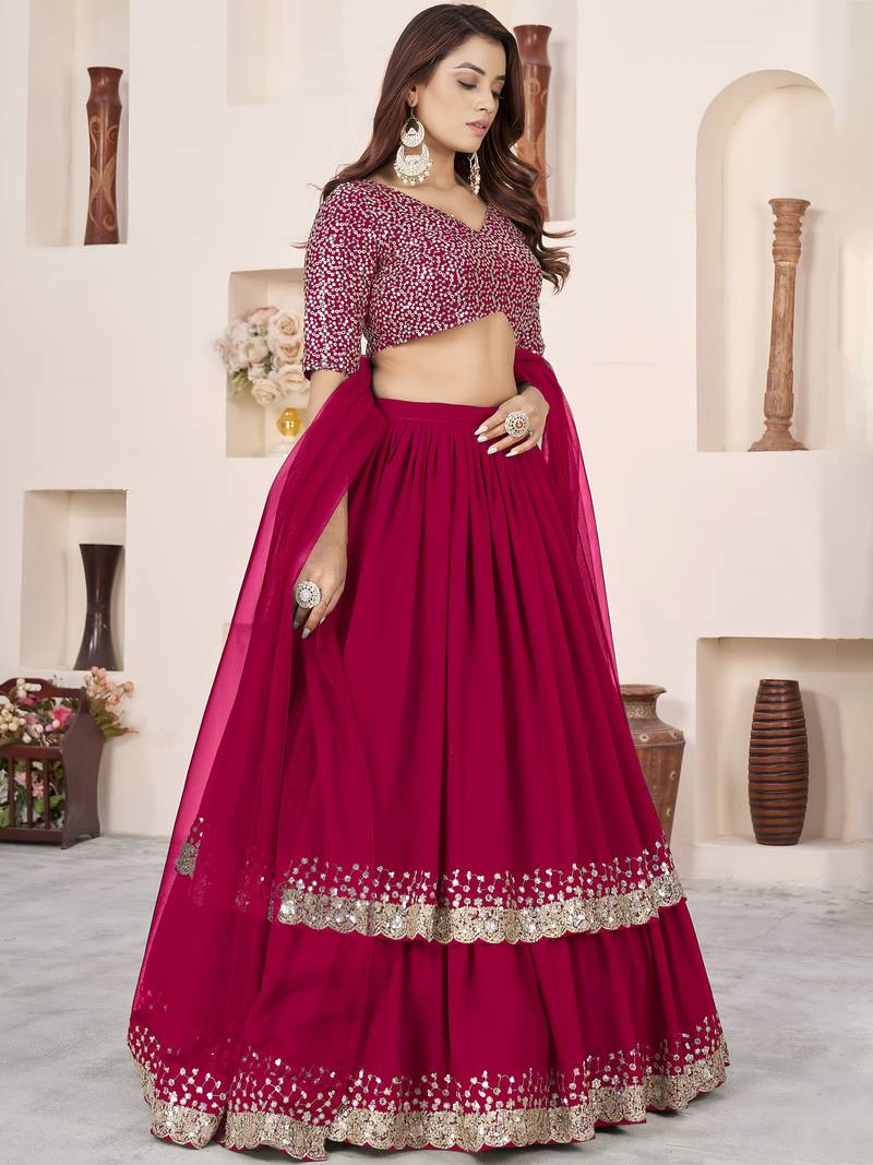 Beautiful Pink Sequins Georgette Wedding Wear Lehenga Choli Set