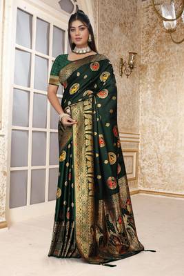 dark green satin silk banarasi saree with heavy gold zari weaving 1