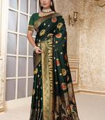 dark green satin silk banarasi saree with heavy gold zari weaving