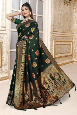 dark green satin silk banarasi saree with heavy gold zari weaving 2