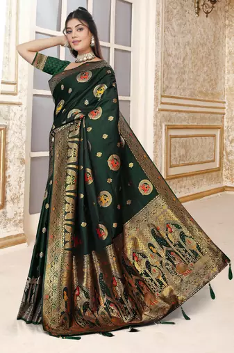 dark green satin silk banarasi saree with heavy gold zari weaving