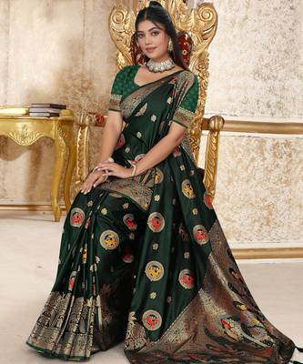 dark green satin silk banarasi saree with heavy gold zari weaving 3