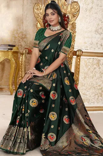 dark green satin silk banarasi saree with heavy gold zari weaving