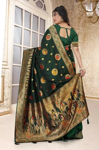 dark green satin silk banarasi saree with heavy gold zari weaving