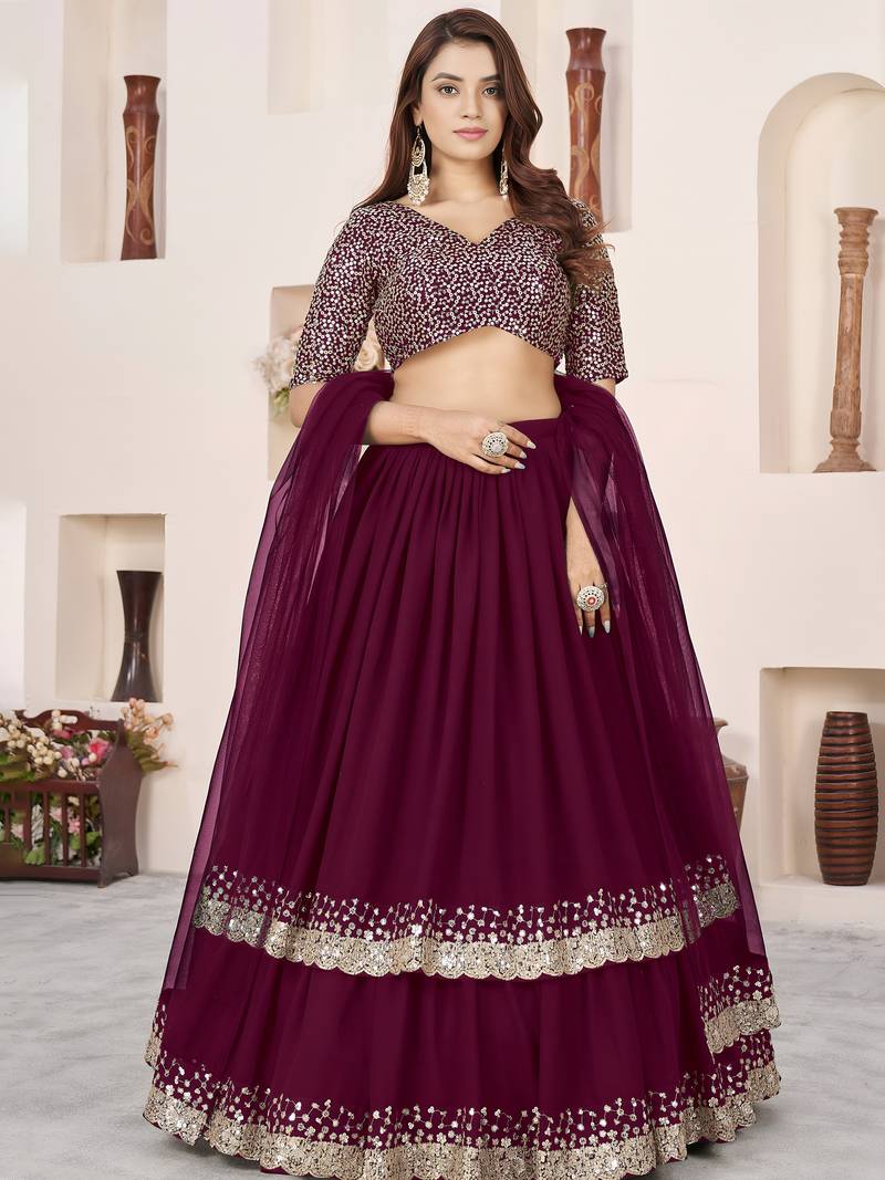 Charming Purple Sequins Georgette Engagement Wear Lehenga Choli Set