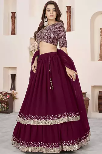 charming purple sequins georgette engagement wear lehenga choli set