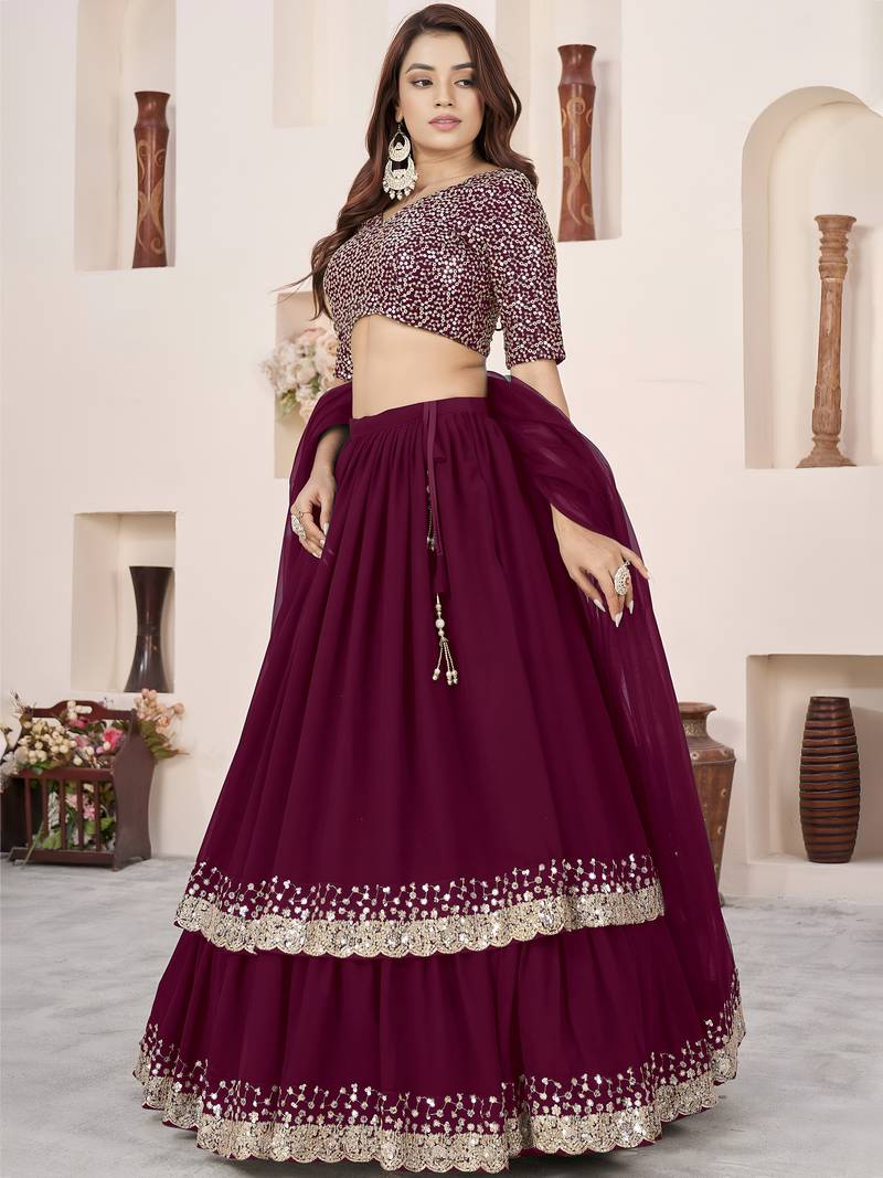 Charming Purple Sequins Georgette Engagement Wear Lehenga Choli Set