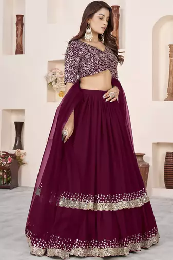 charming purple sequins georgette engagement wear lehenga choli set