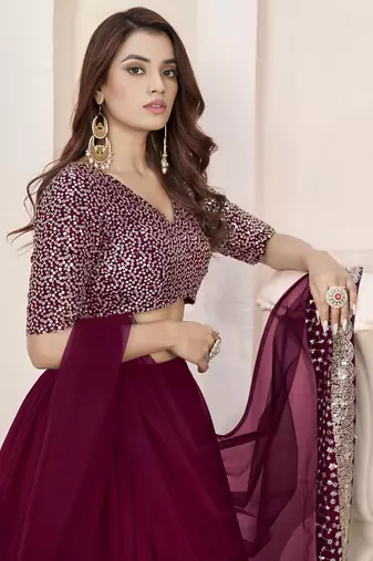 charming purple sequins georgette engagement wear lehenga choli set