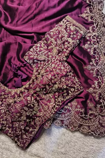 deep purple designer embroidered rangoli silk saree