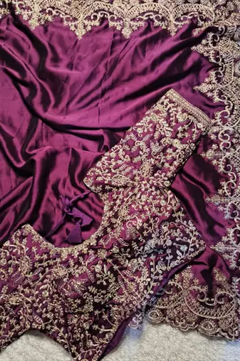 deep purple designer embroidered rangoli silk saree