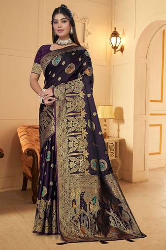 purple satin silk banarasi saree with heavy gold zari weaving
