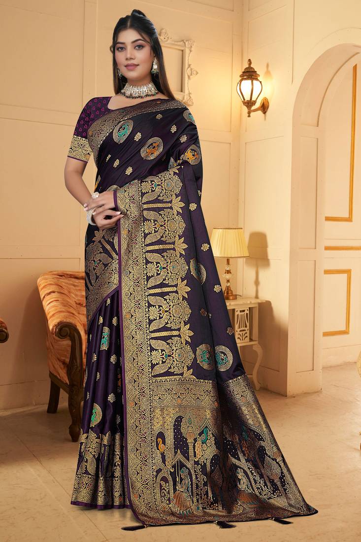 purple satin silk banarasi saree with heavy gold zari weaving
