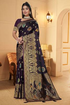 purple satin silk banarasi saree with heavy gold zari weaving 1