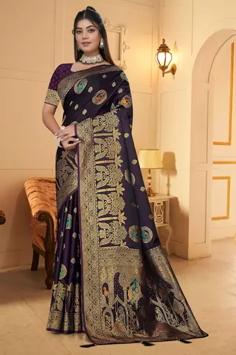 Royal Purple Satin Silk Banarasi Saree with Heavy Gold Zari Weaving | Wedding & Festive Wear by Maharanga