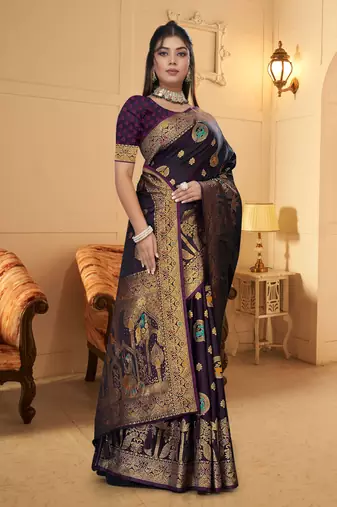 purple satin silk banarasi saree with heavy gold zari weaving