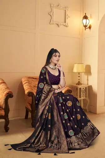 purple satin silk banarasi saree with heavy gold zari weaving