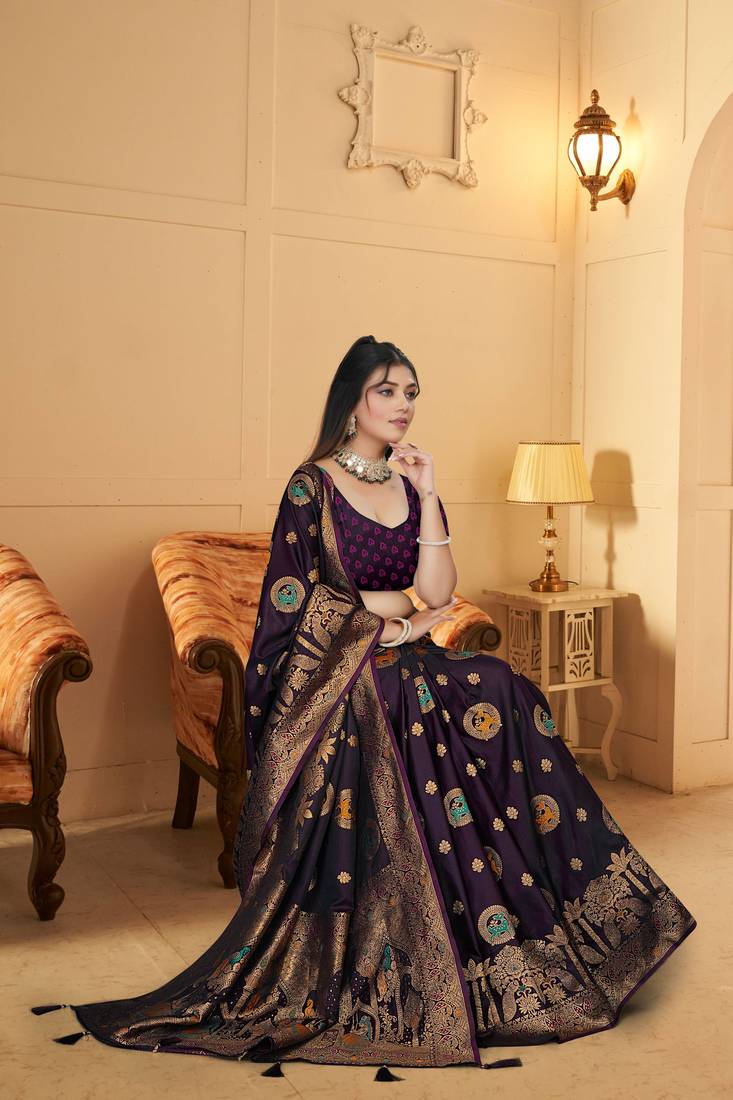 purple satin silk banarasi saree with heavy gold zari weaving