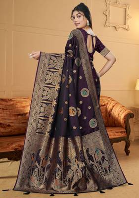 purple satin silk banarasi saree with heavy gold zari weaving 4