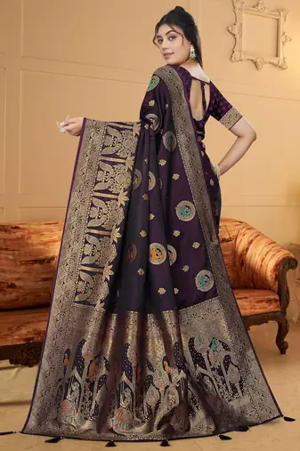 purple satin silk banarasi saree with heavy gold zari weaving