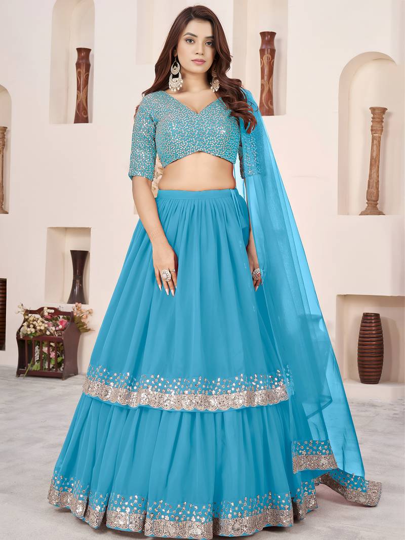 Dazzling Sky Blue Sequins Georgette Sangeet Wear Lehenga Choli Set
