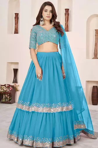 Dazzling Sky Blue Sequins Georgette Sangeet Wear Lehenga Choli Set