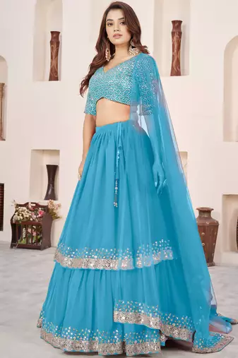 dazzling sky blue sequins georgette sangeet wear lehenga choli set