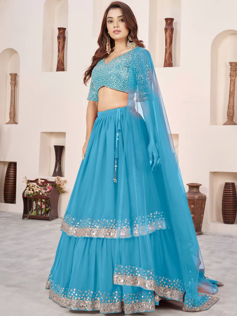Dazzling Sky Blue Sequins Georgette Sangeet Wear Lehenga Choli Set