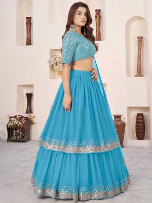 dazzling sky blue sequins georgette sangeet wear lehenga choli set 3